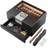 TISFA Cigar Humidor, Cedar Wood Desktop Humidor Box with Digital Hygrometer, Adjustable Humidifier, Accessory Drawer, Divider, Cigar Length Measurement, Glass Top Storage Holder Cigar Case (Black)