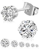 6 Pairs Stud Earrings Set, Hypoallergenic Cubic Zirconia Earrings, Silver 14K Gold Plated 316L Stainless Steel CZ Earring for Women Men 3-8mm (Silver - 6 Pairs)