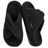 LongBay Womens Fuzzy Slippers Open Toe Memory Foam Supportive House Shoes Bow Crossbands Indoor Bedroom Slides Gift Black, 7-8