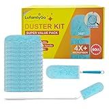 LufamlyGo 60ct 360° Heavy Duty Duster Refills Kit for Swiffer Duster, 4X Dust Capture Power with Microfiber, Disposable Feather Dusters for Cleaning Ceiling Fan, Cobweb, Car,1 Extended &1 Short Handle