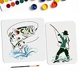 MAYJOYDIY 2pcs Man Fishing Stencil 11.811.8/11.78.3in Summer Fish Stencil Template with Paint Brush for DIY Projects Crafts Furniture Canvas Wall Decor