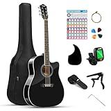 Moukey 41" Acoustic Guitar for Beginners Adult Teen Full Size Guitarra Acustica with Chord Poster, Gig Bag, Tuner,Steel Strings, Capo, Strap - Black