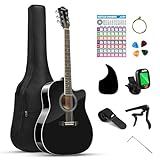 Moukey 41" Acoustic Guitar for Beginners Adult Teen Full Size Guitarra Acustica with Chord Poster, Gig Bag, Tuner,Steel Strings, Capo, Strap - Black
