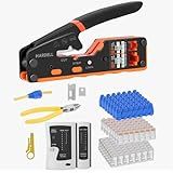 HARDELL RJ45 Crimp Tool, Pass Thru RJ11 Ethernet Crimper for Cat5 Cat6 Connectors, All-in-One 6P 8P Ethernet Crimping Tool Kit With Wiring Diagram, Replacement Blades, Cable Sheath, Tester & Battery