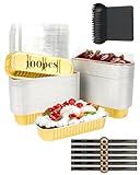 YQER 100 Pack Mini Loaf Pans with Lids, Spoons & Stickers – Disposable Aluminum Foil Baking Cake Containers for Oven, Air Fryer & Freezer – Ideal for Cakes, Bread, Pudding, Parties & Gifting, Gold