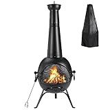 SINGLYFIRE Prairie Fire Outdoor Chiminea Fireplace Deck or Patio Backyard Wooden Fire Pit with Chiminea Cover Rust-Free Iron Black