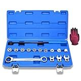 Yuesstloo 15pcs Universal Ratcheting Serpentine Belt Tool Set, Serpentine Belt Removal Installation Tensioner Kit with Ratcheting Wrench, Crowfoot Wrenches, Socket Adapters, 6-Point Sockets