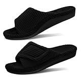 GRITHEIM Women's Orthopedic Arch Support Slippers Fuzzy Adjustable Orthotic Slippers for Plantar Fasciitis Ladies Furry Supportive Corduroy Memory Foam Open Toe Gift Slide (Black, US 9 Medium)