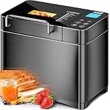 KBS Premium 2LB Convection Bread Maker Dual Heaters, 710W Stainless Steel 17-in-1 Bread Machine Healthy Ceramic Pan, Nut Dispenser,Touch Panel, 3 Loaf Sizes 3 Crust Colors, 15H Timer,Low Noise,Recipes