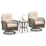 ORALNER 3 Pieces Wicker 360° Swivel Rocker Set Patio Furniture, Rocking Chairs with Cushions, Tempered Glass Coffee Table, Outdoor Rattan Bistro Set for Balcony Front Porch Deck Poolside (Beige)