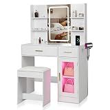 Ntufrest White LED Vanity Table with Three-Color Adjustable Light HD Mirror, USB Charging Port,Leather Stool, Double-Layer Acrylic Cabinet with Ambient Lighting,and Makeup Table with Drawer Storage