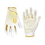 HANDLANDY Youth Football Gloves, Sticky Wide Receiver Gloves for Kids, White and Gold Stretch Fit Football Glove (White and Gold, Medium)
