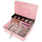 Cash Box with Money Tray and Key Lock, Money Box with Safe Locking, Money Saving Lock Box for Cash Register 11.8"x9.45"x3.54" Pink XL Large
