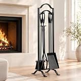 FEED GARDEN Fireplace Tools Set 5 Pcs with Stand, 29” Durable Wrought Iron | All-In-One Fireplace Accessories Tools, Sturdy Solid Rod, Ergonomic Handle, Heat-Resistant for Indoor Outdoor Use, Black