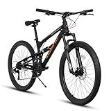 Mountain Bike 24/26/27.5 Inch,Full Dual Suspension, 21-Speed Disc Brake,Carbon Steel Adult Sport Bicycle for Mens Womens(26-Inch,Black Orange)