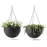 Keter Resin Rattan Set of 2 Round Hanging Planter Baskets for Indoor and Outdoor Plants-Perfect for Porches and Patio Decor, Graphite