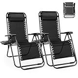SMUG Set of 2 Zero Gravity Chair, Outdoor Lounge Chairs, Portable Folding Reclining Camping Chair with Adjustable Pillow and Cup Holder Trays for Patio Garden Lawn Beach, Classic Black