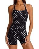 SUUKSESS Women 2 Piece Workout Sets High Waisted Biker Shorts with Pockets Built in bra Racerback Tank Tops Halter Padded Sports Bras (Black Polka Dots, M)