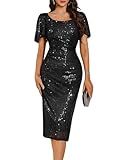 BeryLove Womens Cocktail Formal Sequin 2025 Sparkly Ruffle Sleeves Evening Party Dresses Sexy Ruched Bodycon Homecoming Classy Wedding Guest Glitter Dress Black L