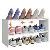 X-cosrack 2-Tier Shoe Rack Organizer for Closet, Expandable and Adjustable White Shoe Rack, Stackable Iron Wood Combination Shoe Storage Shelves for Closets, Entryway, Small Space, Hallway, Garage