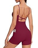 OMKAGI Workout Sets for Women Open Back Strappy Workout Tank Gym Shorts Outfits with Pockets(M,662-Burgundy)