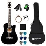 Joymusic 38 inch black beginner acoustic guitar,bundle with a strap with picks holder,digital tuner, set strings, capo,cleaning cloth,6 picks,gig bag.（JG-38C,BK）