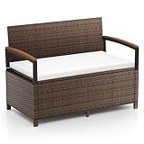 Tangkula 46 Gallon Outdoor Bench with Storage, Outdoor PE Rattan Storage Bench with Cushion, Backrest & Acacia Wood Armrests, Metal Frame, Waterproof Deck Box Seat for Porch Backyard Poolside