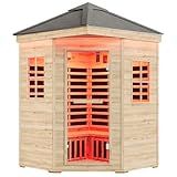 Albott Outdoor Sauna 4 Person, Infrared Saunas for Home, Low EMF 2850W/240V/20A Spruce Wood Dry Sauna with Tourmaline Stone Foot Warmer, 7-Color Light Therapy & 2 Bluetooth Speakers, 59.1"x59.1"x98.4"