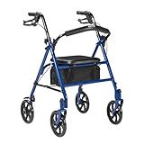 Drive Medical 10257BL-1 4 Wheel Rollator Walker With Seat, Steel Rolling Walker, Height Adjustable, 7.5" Wheels, Removable Back Support, 300 Pound Weight Capacity, Blue