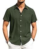 Alimens & Gentle Mens Linen Shirts Short Sleeve Button Down Shirts Wrinkle Free Casual Vacation Beach Summer Tops,Olive Green,L
