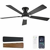 Dolavast Ceiling Fans with Lights, 52 Inch Low Profile Ceiling Fan with Light and Remote Control, Flush Mount, Reversible, 3CCT, Dimmable LED, Quiet, Black Ceiling Fan for Bedroom, Living Room