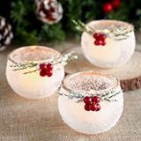 Funnymoom 6 Pcs Christmas Votive Candle Holders with Snowy and Red Berry Pine Leaves Xmas Glass Tealight Candle Holders for Table Centerpiece Fireplace Home Ornaments Wedding Party Indoor Decorations
