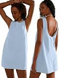 VIUTIL Womens Summer Linen Mini Dress Boat Neck Low Back Sleeveless Tank Dresses with Pockets 2026 Vacation Outfits, Boardwalk Blue, Small