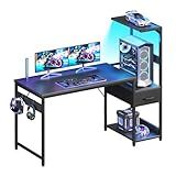 Casaottima 48 Inch Gaming Desk with Storage & LED Lights, Reversible Computer Desk with Display Shelves & Fabric Drawer, Modern Gamer Desk Table with Side Headphone Hook, Carbon Fiber Black