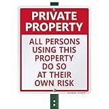 SmartSign 12 x 10 inch “Private Property - All Persons Using This Property Do So At Their Own Risk” Yard Sign with 3 foot Stake, 40 mil Laminated Rustproof Aluminum, Red and White, Set of 1, USA-Made