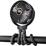 Portable Stroller Mini Fan, Small Rechargeable Personal Fan, Baby Travel Essentials for Wagon, Car Seat, Treadmill, Battery Powered Biking Gear Accessories, 360° Rotation, 3-Speed, Display, Black