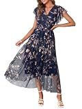Simplee Womens Summer Floral Boho Maxi Dress 2026 Flutter Sleeve Print Ruffle Mesh Midi Vacation Wedding Guest Dress(Navy Blue M)
