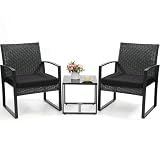 Murago Outdoor 3-Piece Wicker Bistro Set, Rattan Patio Conversation Set with Coffee Table, for Backyard Garden Poolside, Black Frame & Black Cushion