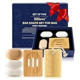 BBlove Father's Day Handmade Bar Soap 5-Piece Gift Set with Natural Loofah & Bamboo Holder – Moisturizing Coconut Oil Soap for Men – Gift for Husband, Boyfriend or Dad – Ocean Breeze & Vanilla Scent