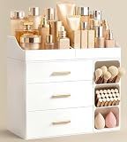 HBlife Makeup Organizer Countertop with Brush Holder,Large Bathroom Counter Organizer with Drawers,Skincare Organizers for Vanity,Plastic Dresser Organizer Storage Gift for Women Girl Mom,All White