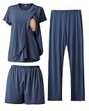 Rnxrbb 3 Piece Postpartum Nursing Pajamas Set Double Layer Maternity Breastfeeding Pjs Sleepwear for Women,Navy M