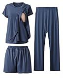 Rnxrbb 3 Piece Postpartum Nursing Pajamas Set Double Layer Maternity Breastfeeding Pjs Sleepwear for Women,Navy L