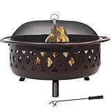 Sunnydaze Crossweave Outdoor Fire Pit - Wood-Burning Fire Pit for Outside with Spark Screen, Poker and Round Cover - Steel Patio Firepit for Backyard, Deck, Porch - 36-Inch - Bronze