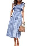 Miessial Womens Summer Dress 2025 Casual Short Sleeve Striped Linen Midi Dresses Boho Beach Wedding Guest Dress with Pockets Blue,S