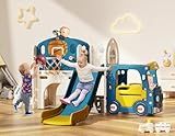 BIERUM 10 in 1 Toddler Slide, Baby Slide for Toddlers Age 1-3 with Ring Toss, Basketball Hoop and Bus Play House, Indoor Outdoor Playset Playground Blue Yellow