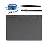 Eoneding Anti-Static Mat Work Mat Repair Work Mat and 3 Auxiliary Tools, Anti-Static Wrist and Tweezers and Brush 932°F Heat Resistant 15.9” x 12” inch Grey