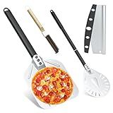 Yofuly 4PCS Pizza Oven Accessories, 12 Inch Perforated Pizza Peel, 9 Inch Round Turning Peel, Pizza Stone Cleaning Brush with Scraper, Rocker Cutter, Homemade Pizza Supplies Tools Kit