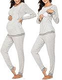 Ekouaer Nursing Pajama Set Long Sleeve Maternity Clothes Labor Pregnancy Pjs Breastfeeding Thermal Underwear Sleepwear Light Gray Stripe M