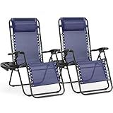 NEWBULIG Zero Gravity Chair Set of 2, Lounge Chair Folding Portable Adjustable Camping Reclining Chairs with Adjustable Pollow, Mesh Back, Cup Holder Trays Lawn Patio Chair for Pool Beach - Blue