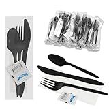 100Pack Plastic Cutlery Packets, Knife Fork Spoon Napkin Salt Pepper Sets, Individually Wrapped Black Plastic Cutlery Packets for Delivery, Cafeterias, Restaurants